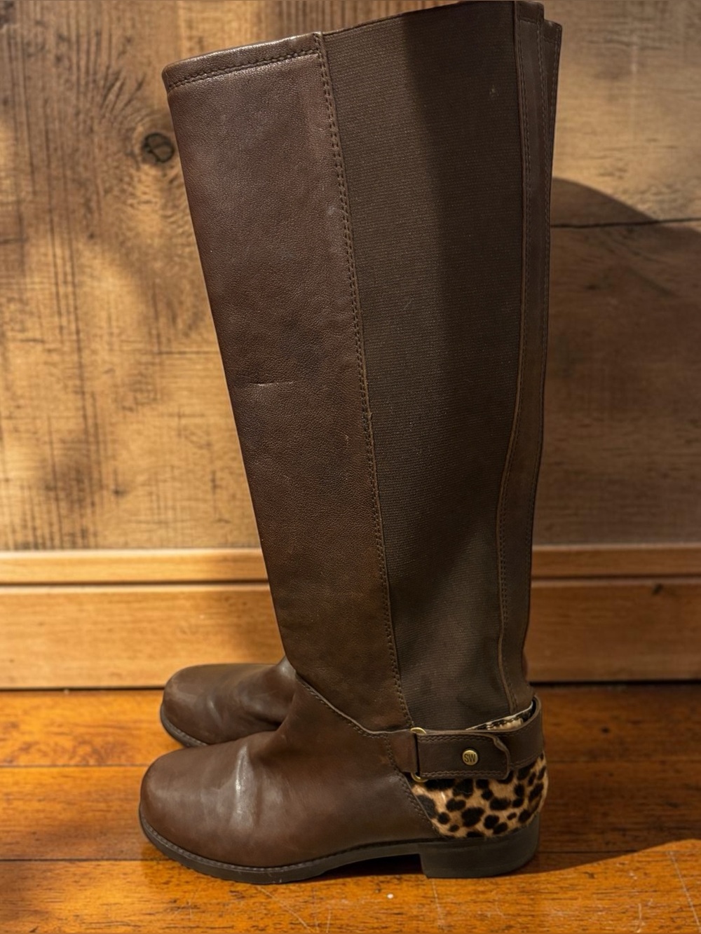 Stuart Weitzman Brown Leather Leopard Cheetah Knee High Riding Boots Size 7.5